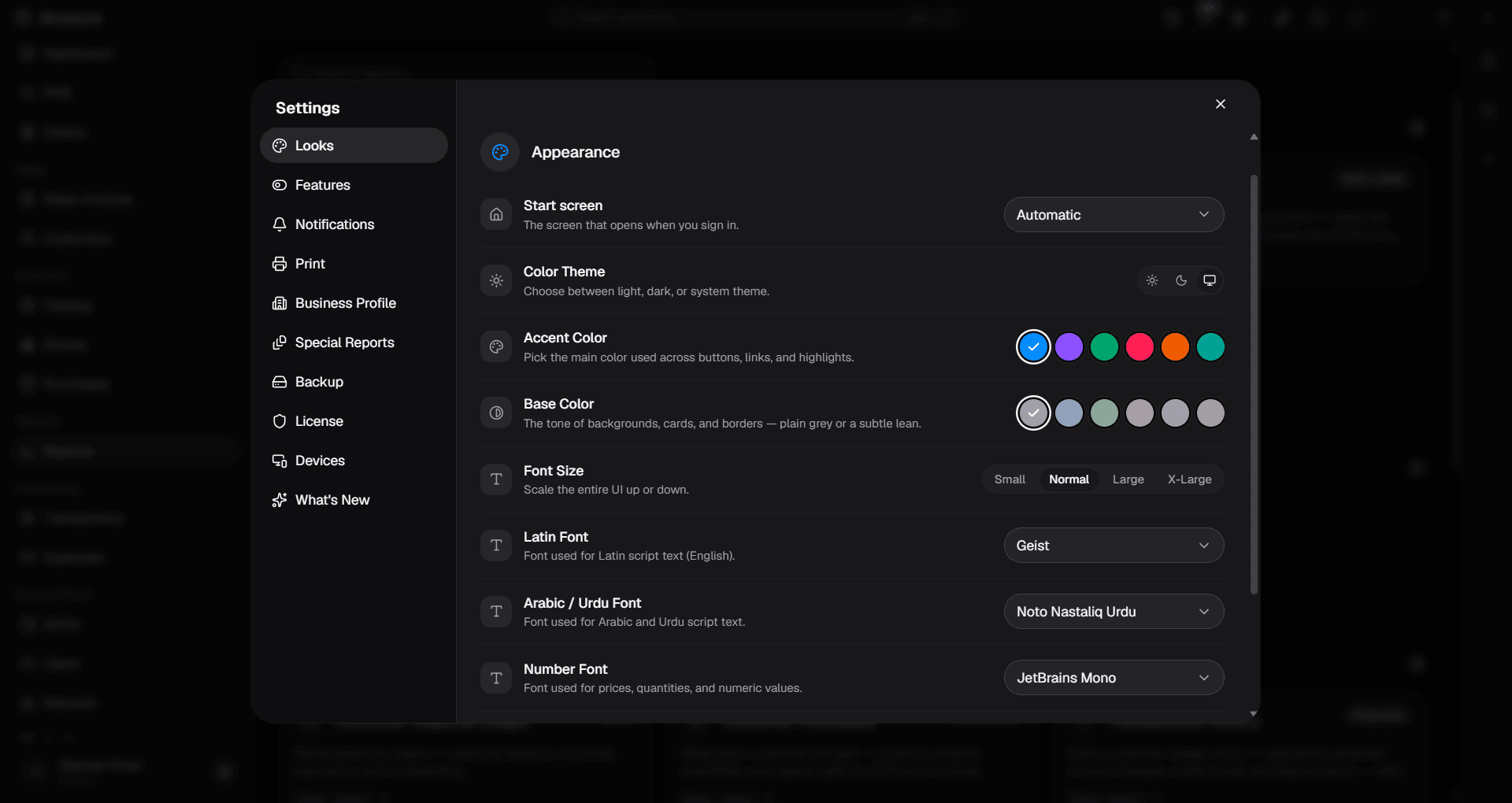 Appearance settings in bizstock for theme, accent colour, fonts and language